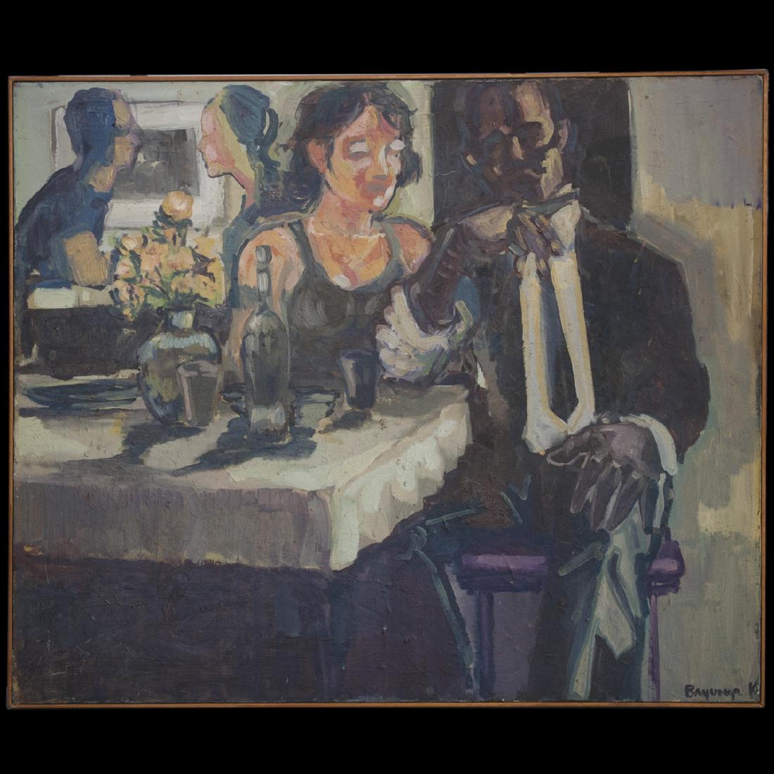 Oil on Canvas Painting Signed: "Bayunga": DESCRIPTION:Oil on canvas painting featuring a bar scene with a man and woman seated at a table with glasses and a wine bottle on the table and backed by a man and women conversing in the background. 