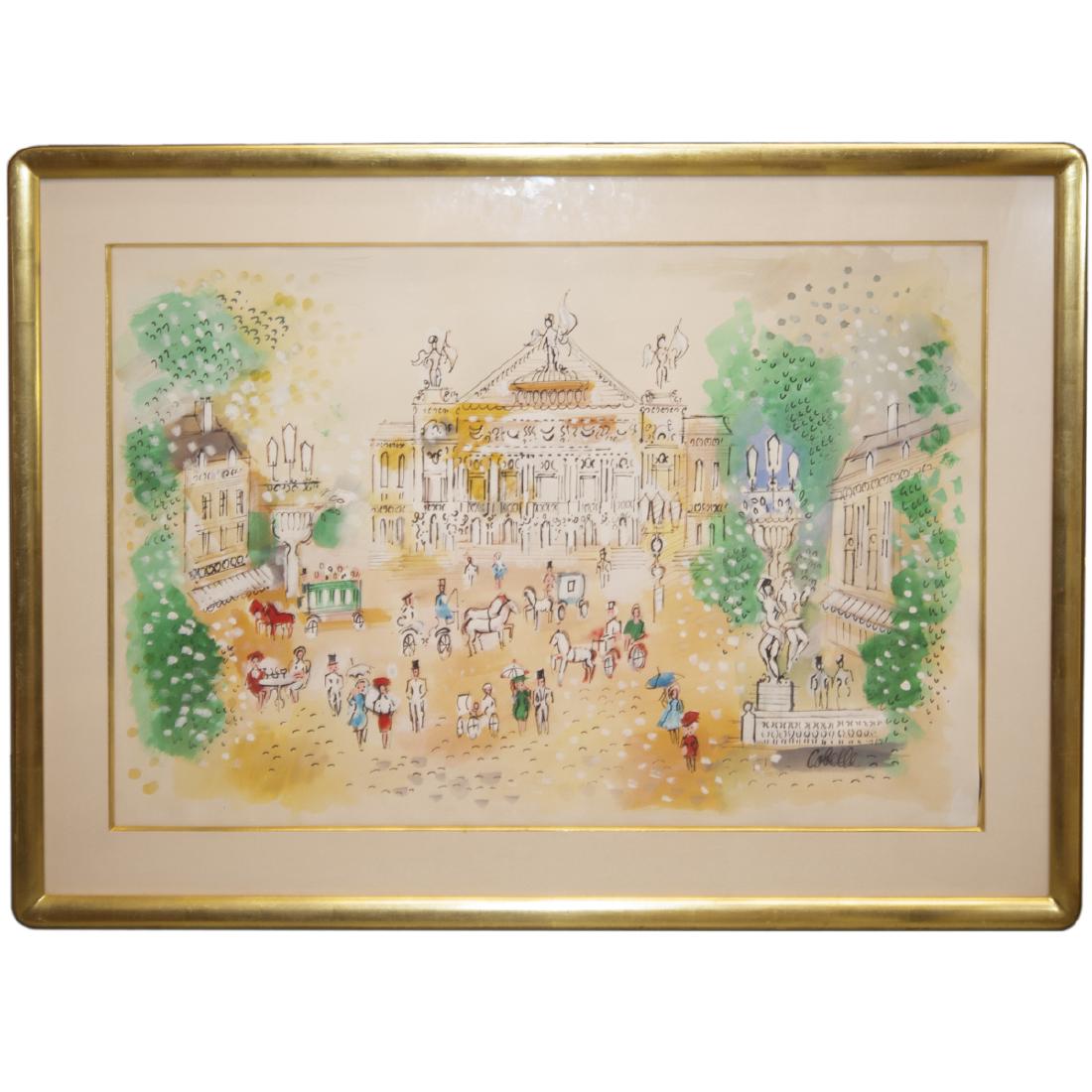Charles Cobelle (French 1902-1998): DESCRIPTION: A watercolor on paper by Charles Cobelle. Features a a rendering of the Garnier opera building with Victorian era figures enjoying the day in the courtyard. Signed "Cobelle" on the bottom