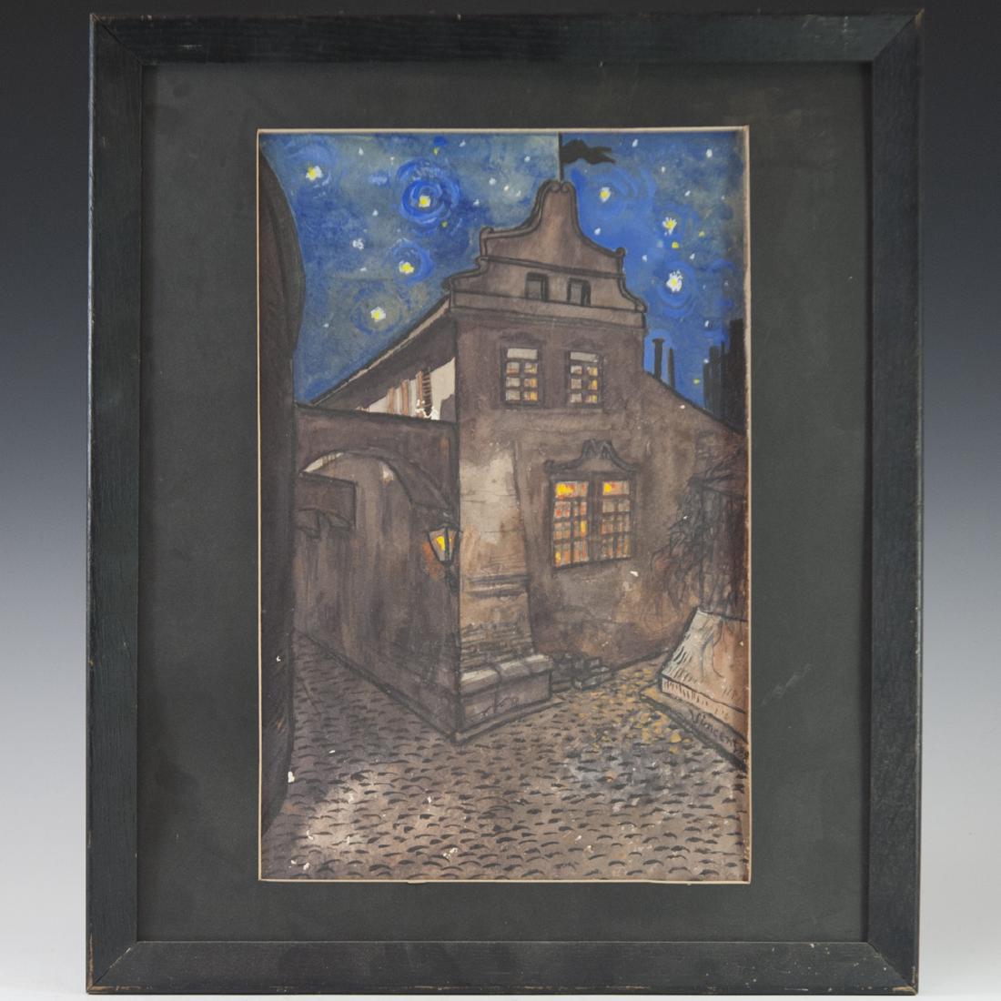 Student of Vincent Van Gogh (Dutch 1853-1890): DESCRIPTION: A pastel on paper in the manner of Vincent Van Gogh. Features a Spanish structure corner lined with alleyways and cobble stone streets. Finished with Van Gogh's iconic starry night finish