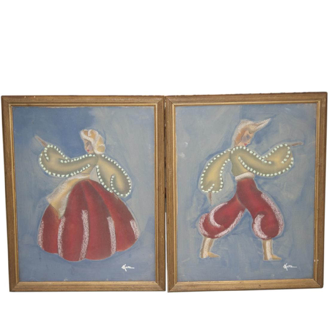 Gustave Kaitz (American 1913-1992): DESCRIPTION: A pair of Art Deco pastel on boar paintings by Gustav Kaitz. Both feature a rendering of dancers wearing matching garments, dancing with pensive faces. Finished with a blue hued backdrop