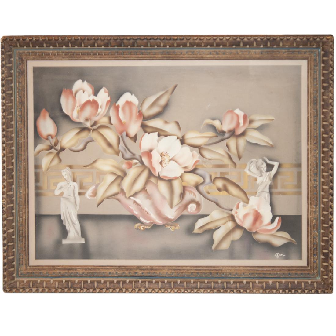 Gustave Kaitz (American 1913-1992): DESCRIPTION: A large pastel on board by Gustave Kaitz. Feautures renderings of two Neo-Classical goddess statues enveloped by winding flowers in a cornucopia jardiniere. Finished with a Greco-Roman me