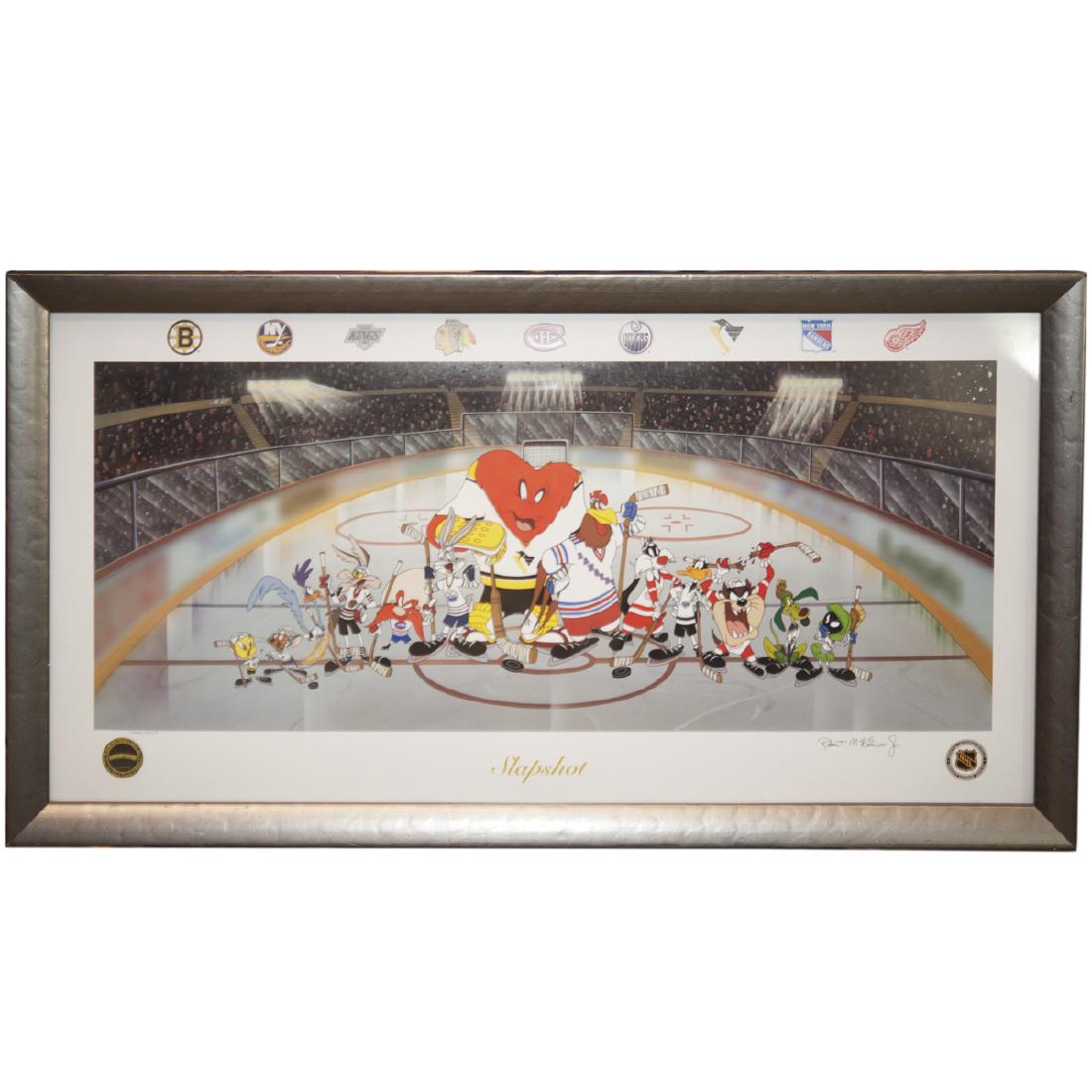 Robert McKimson Jr. (American 1910-1977): DESCRIPTION: A Robert McKimson Kr. signed lithograph titled:"Slapshot". Features his classic Looney Tunes characterrs, wearing different jerseys of various NHL teams. Signed on the bottom right anud n