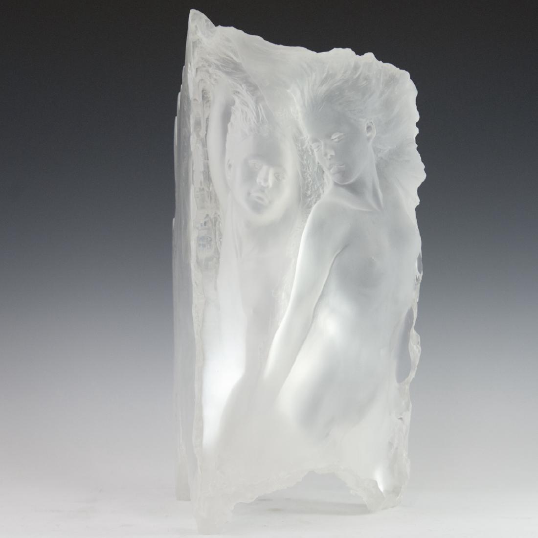 Michael Wilkinson (American 20th Ct.) "Dream Fragments: DESCRIPTION: An acrylic sculpture by Michael Wilkinson titled:"Dream Fragments II". Features a frosted acrylic nude woman peering off to her side as her reflection stares back, creating a 3 dimensiona