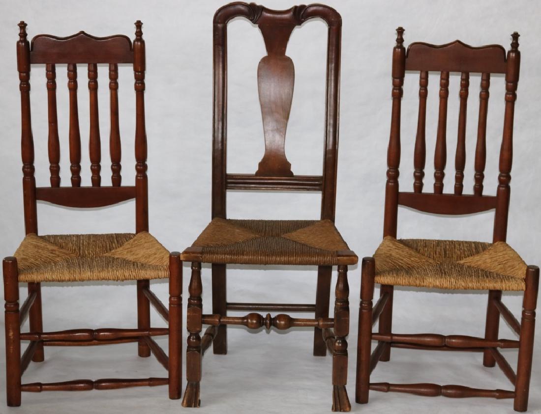 THREE 18TH C AMERICAN SIDE CHAIRS. TWO ARE: BANNISTER-BACKS WITH TURNED STRETCHERS, 41" HIGH, 19" WIDE, 14" DEEP, SEAT HEIGHT 15 3/4". THE OTHER IS A QUEEN ANNE YOKE BACK WITH CARVED CREST, BLOCK AND URN TURNED LEGS TERMINATING WITH SPANISH FOO