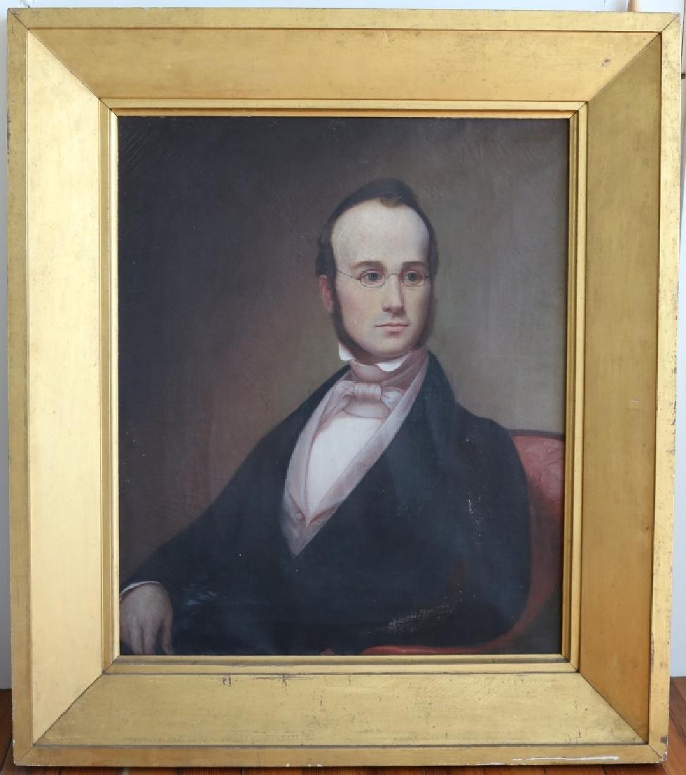 EARLY 19TH C AMERICAN OIL PAINTING ON CANVAS,: PORTRAIT OF ELEGANTLY DRESSED GENTLEMAN WEARING SPECTACLES, PROBABLY FROM FAIRHAVEN. UNSIGNED. ORIGINAL UNTOUCHED CONDITION. IN ORIGINAL CARVED AND GILDED FRAME. SIGHT SIZE 30 1/4" X 25 1/4". OVERALL 