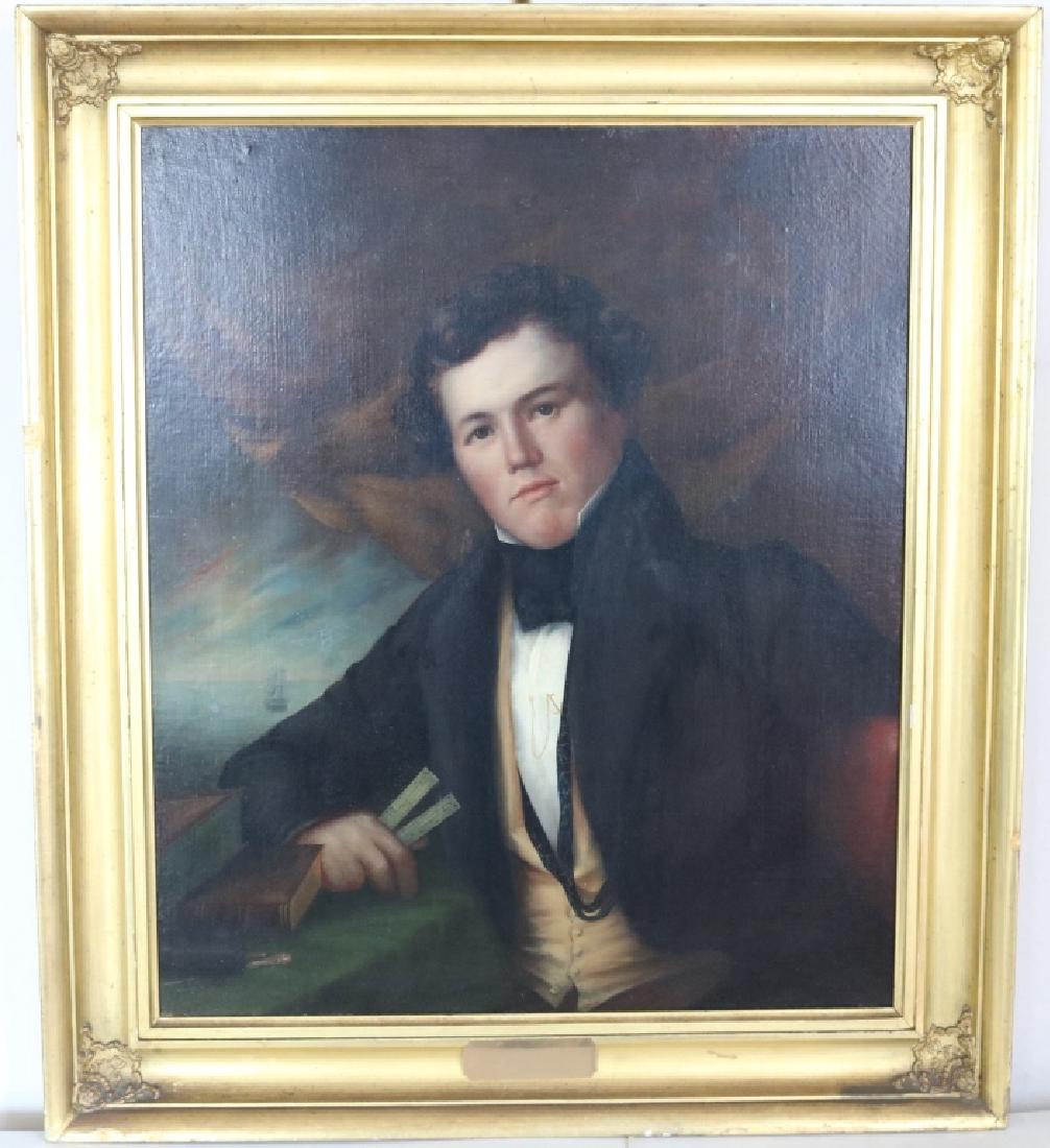 EARLY 19TH C OIL PAINTING ON CANVAS, PORTRAIT OF: CAPTAIN JOHN TABER, WHALING MASTER OF THE SHIP "GOOD RETURN" OUT OF FAIRHAVEN. DEPICTING THE YOUNG CAPTAIN WITH RULER IN HAND, WHALESHIP IN BACKGROUND. PAINTING IS UNSIGNED AND HAS BEEN LINED ON MASON
