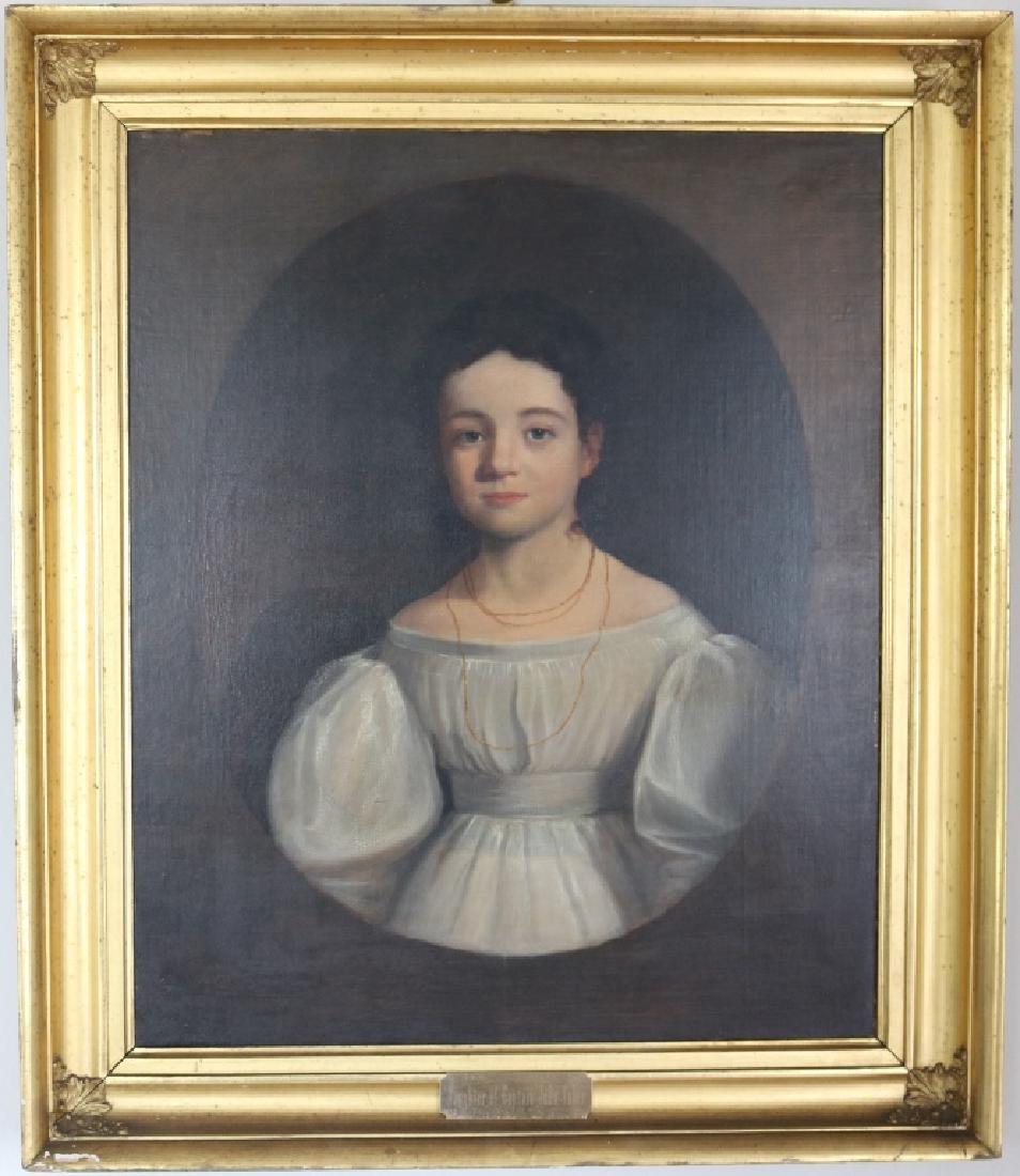 EARLY 19TH C OIL PAINTING ON CANVAS, PORTRAIT OF: CAPTAIN JOHN TABER'S DAUGHTER. JOHN TABER WAS THE WHALING MASTER OF THE SHIP "GOOD RETURN". PAINTING HAS BEEN LINED ON MASONITE BOARD AND WOODEN CRADLE. IN ORIGINAL CARVED AND GILDED FRAME. SIGHT SIZE