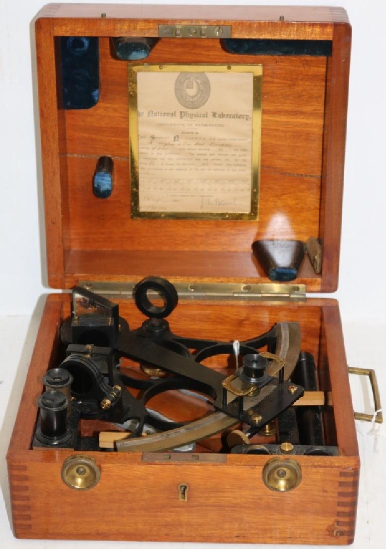 CIRCA 1920 SEXTANT, H HUGHES AND SON, LONDON, WITH: VARIOUS LENSES AND FITTED CASE, ALL COMPLETE. CASE HAS CRACK AND IS MISSING ITS PLATE. 5 1/2" HIGH X 10 1/4" WIDE, 9 1/2" DEEP.
