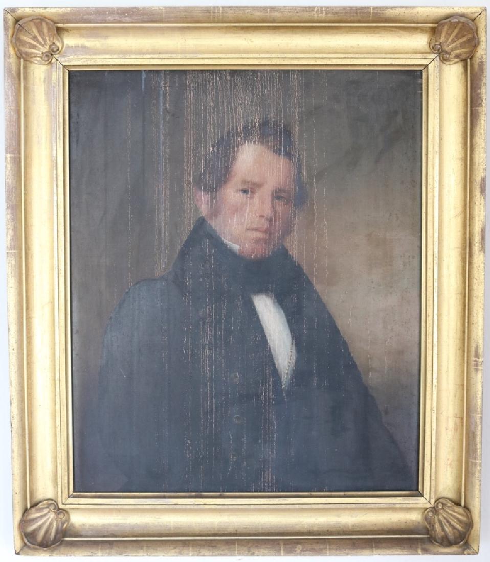 EARLY 19TH C OIL PAINTING ON BOARD, PORTRAIT OF: YOUNG MAN IN BLACK COAT, UNSIGNED. SHOWS MODERATE TO SEVERE PAINT LOSS. IN ORIGINAL GILDED FRAME WITH CARVED SHELLS IN CORNERS. SIGHT SIZE 30" X 24 1/2". OVERALL 37 1/2" X 32". PROVENANCE: FAIRHAVEN C