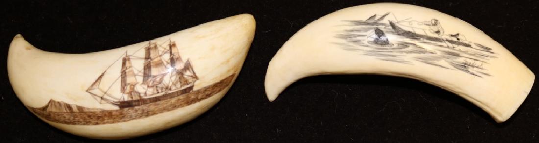 2 LATE 20TH C SCRIMSHAW WHALE'S TEETH. ONE IS BY: ROBERT SPRING AND IS DATED 1972 DEPICTING A WHALER IN THE ARCTIC, 5" LONG. THE OTHER IS ALASKAN AND SHOWS AN ESKIMO HUNTING A WALRUS, 5" LONG, SIGNED APODRUK. THIS LOT CAN NOT BE SHIPPED OUT OF MASSAC