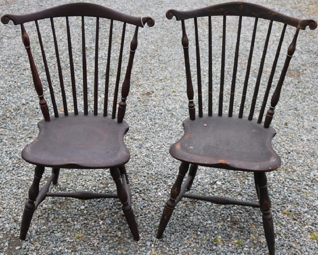PAIR OF 18TH C WINDSOR FAN-BACK SIDE CHAIRS,: CARVED EARS, SADDLE SEATS, TURNED LEGS, 19TH C COACH GREEN FINISH OVER ORIGINAL GREEN. REPAIR TO ONE EAR. 37" HIGH, 23" WIDE, 16 1/2" DEEP, SEAT HEIGHT 18". THE OTHER 36" HIGH, 24" WIDE, 15 1/2" DEEP,