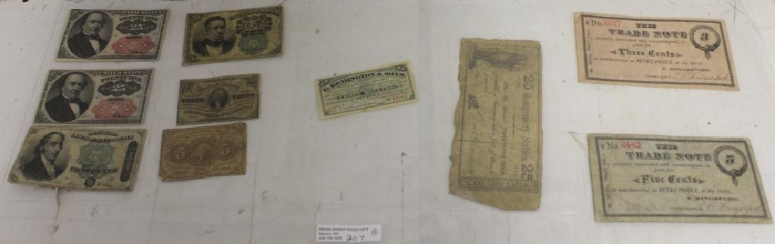 4 TRADE NOTES AND 6 PCS OF FRACTIONAL CURRENCY,: ALL 19TH C. ONE IS FROM REMINGTON AND SONS 3 DOLLAR NOTE. SIZES RUN FROM 1 1/2" X 3" TO 2 1/8" X 3 1/2". TWO 25 CENT NOTES ARE EXTRA FINE AND THE REST IN FAIR TO GOOD CONDITION. PROVENANCE: FAIRHAVEN 