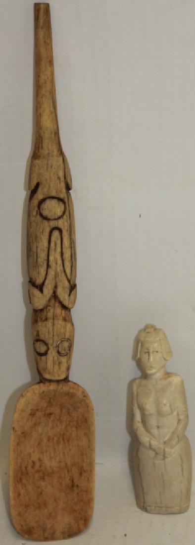 TWO 19TH C HAWAIIAN CARVINGS TO INCLUDE A CARVED: BONE SPOON 13 3/4" LONG ALONG WITH A FIGURE OF A WOMAN CARVED FROM A WHALE'S TOOTH, 5" HIGH.