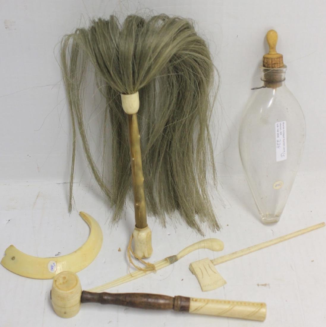 SIX PC LOT, 19TH C, RELATED TO WHALING TO INCLUDE: AN 8" GAVEL, WOOD AND WHALEBONE, AN EARLY BLOWN GLASS FLASK WITH CARVED WHALEBONE STOPPER 8 1/2" LONG, A BRUSH MADE OF HAIR, WITH CARVED WHALE'S TOOTH TIP, 8", A WHALEBONE AXE 6 1/2", A SCRIMSHAW LADI