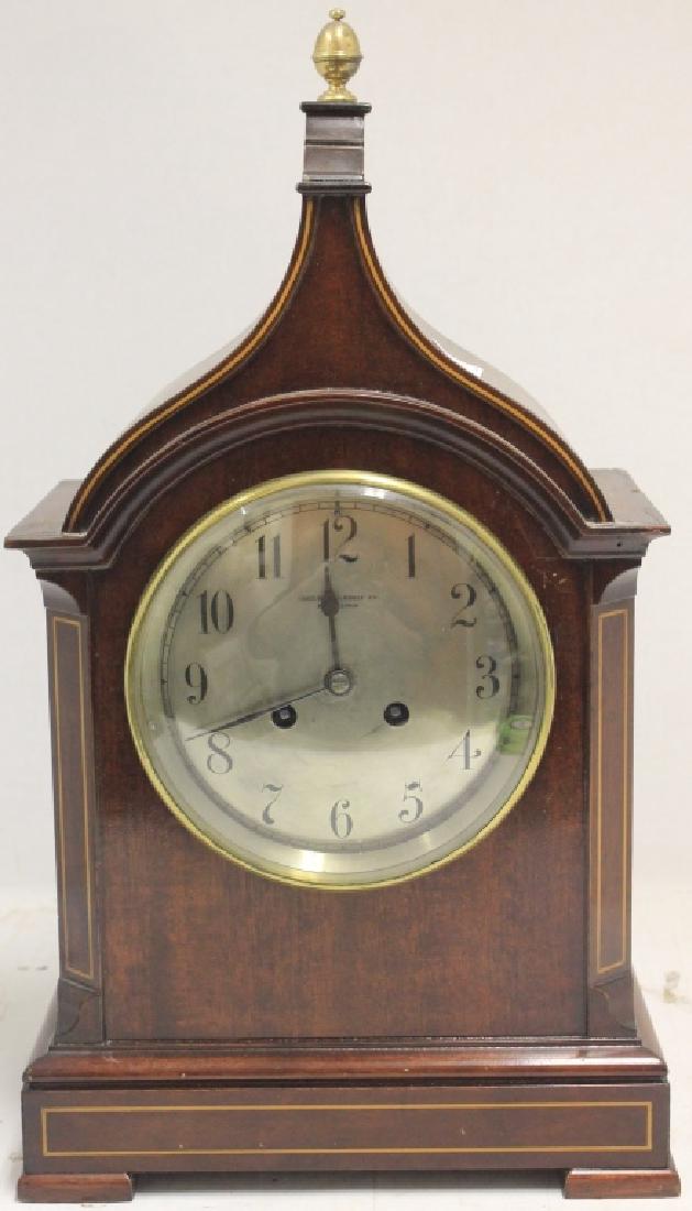 19TH C INLAID MAHOGANY BRACKET CLOCK, FRENCH: MOVEMENT, SOLD BY BAILEY, BANKS AND BIDDLE. WITH KEY AND PENDULUM, WORKING NOW BUT NOT GUARANTEED TO WORK. 18" HIGH, 10" WIDE, 6" DEEP.