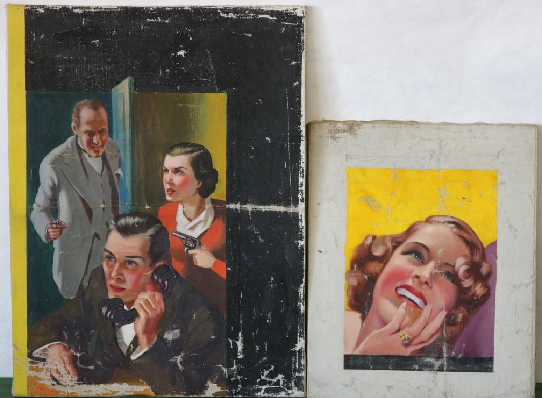 JAMES LUNNON (1897-1954, NC & CORAL GABLES, FL): 2 ILLUSTRATIONS, OIL PAINTING ON CANVAS DEPICTING A WOMAN WITH RING. IT IS SIGNED LOWER RIGHT, 17" X 14". THE OTHER IS AN OIL ON CANVAS DEPICTING A MAN ON THE TELEPHONE, UNSIGNED, 24" X 18". BOTH SHOW