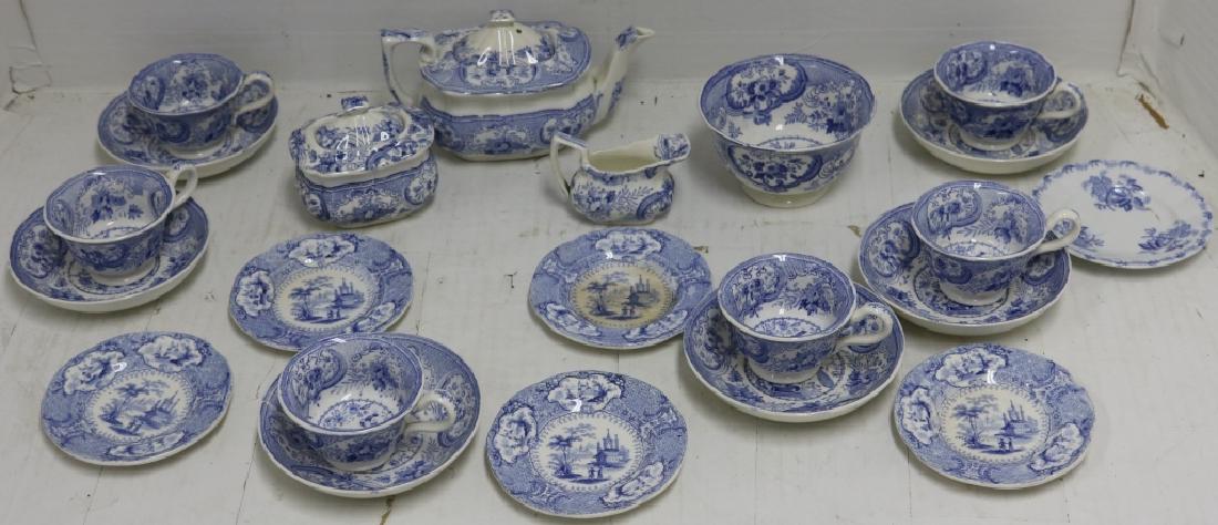 19TH C 24 PIECE CHILD'S ASSEMBLED TRANSFERWARE: TEA SET, LIGHT BLUE AND WHITE WITH PEACOCK AND URN DESIGN, ENGLISH. 4 DIFFERENT PATTERNS. PROVENANCE: FAIRHAVEN COLONIAL CLUB.