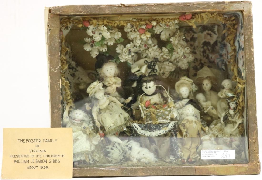 19TH C SHADOWBOX WITH MINIATURE DOLLS DEPICTING: WOMAN WITH CHILDREN. SHOWS SOME DETERIORATION INSIDE AND OUTSIDE. 9" HIGH, 10 1/2" WIDE, 6" DEEP. PROVENANCE: FOSTER FAMILY. FAIRHAVEN COLONIAL CLUB.