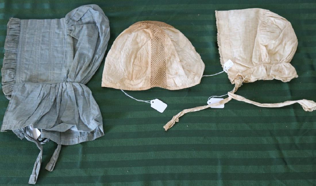 3 WOMEN'S BONNETS, 19TH C, SOME DISCOLORATION: AND ONE HAS A SLIGHT TEAR. PROVENANCE: FAIRHAVEN COLONIAL CLUB.