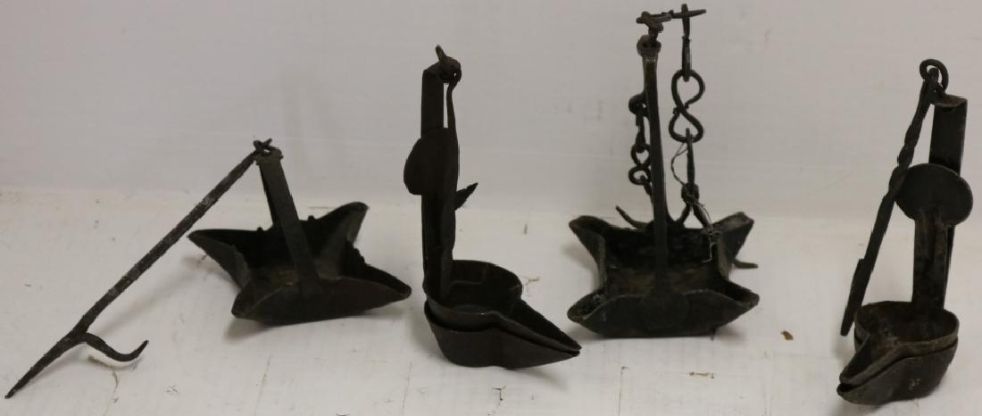 FOUR 18TH C BETTY LAMPS, WROUGHT IRON. TWO ARE: DOUBLE BETTYS. 4" TO 6" HIGH.