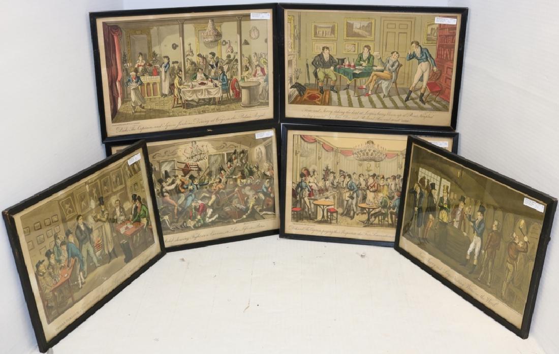 SIX 19TH C COLORED LITHOGRAPHS AFTER CRUICKSHANK,: SIGHT SIZE 10" X 14 3/4". FOUR FROM THE TOM & JERRY SERIES, 2 FROM DICK & THE CAPTAIN. FRAMED AND UNDER GLASS. CONDITION: SLIGHT DISCOLORATION AND A FEW NICKS TO THE FRAMES.
