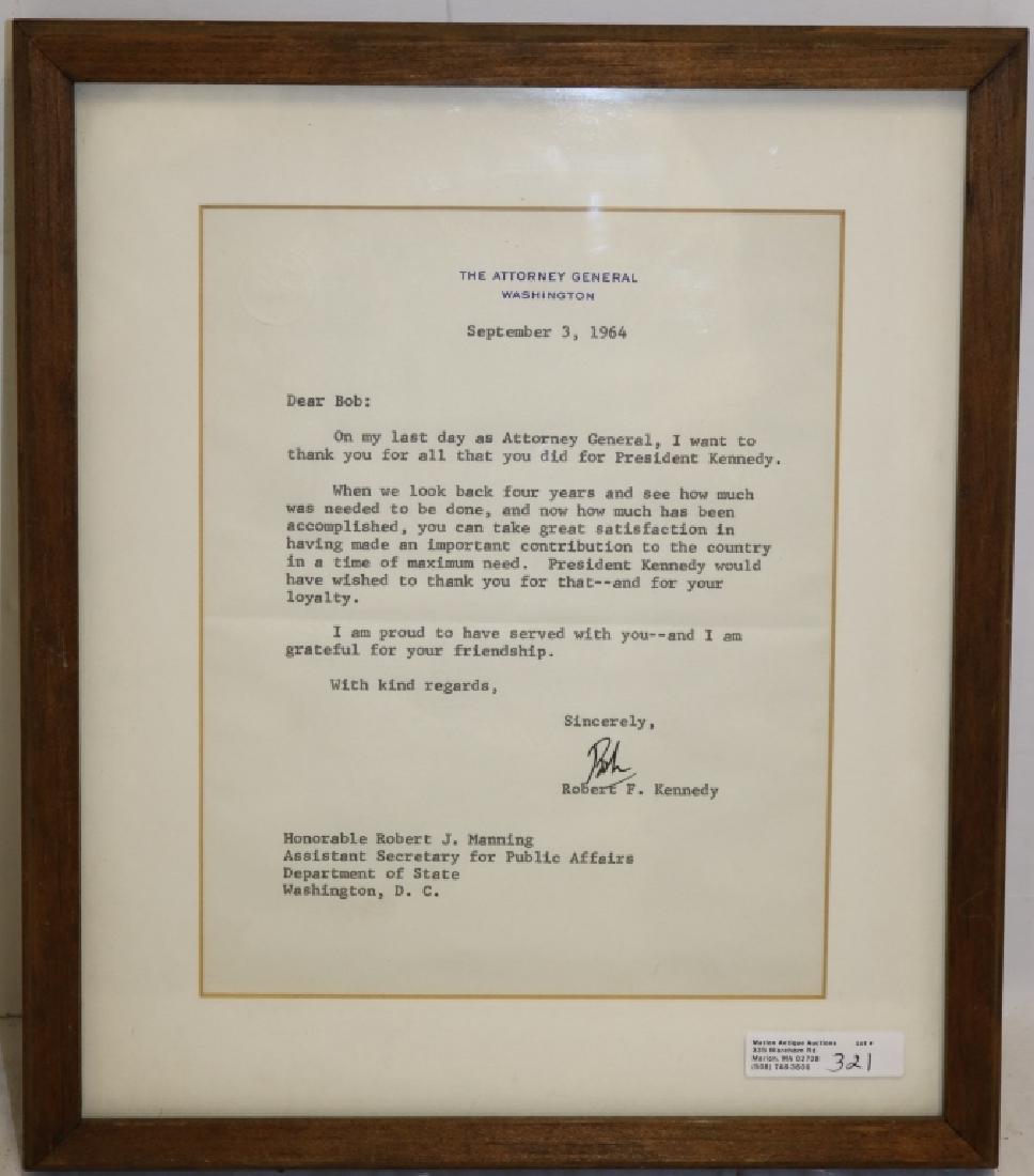 ROBERT F. KENNEDY, ATTORNEY GENERAL OF U.S.,: SIGNED LETTER DATED SEPTEMBER 3, 1964. THE LETTER WAS A THANK YOU TO THE HONORABLE ROBERT MANNING, ASSISTANT SECRETARY FOR PUBLIC AFFAIRS, DEPARTMENT OF STATE. IN THE TEXT ROBERT THANKS MANNING FOR AL
