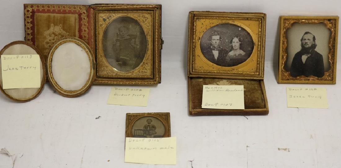 FIVE 19TH C PHOTOGRAPHS FROM FAIRHAVEN TO INCLUDE: A CASED DAGUERREOTYPE OF HERBERT TERRY, 3" X 3" IN LEATHER FRAME, SHAPED AS A BOOK. AMBROTYPE OF AN UNKNOWN BOY, 2 1/2" X 2". OVAL DAGUERREOTYPE OF JANE TERRY, 2 3/4" X 2 1/4". DAGUERREOTYPE OF ISAAC 
