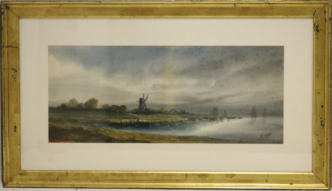 P.M. COLYAR (NEW BEDFORD ARTIST PAULINE COLYAR),: WATERCOLOR DEPICTING THE SHORELINE WITH WINDMILL AND BOATS. SIGHT SIZE 8 1/2" X 20 1/2". SHOWS SOME FOXING. FRAMED AND UNDER GLASS.