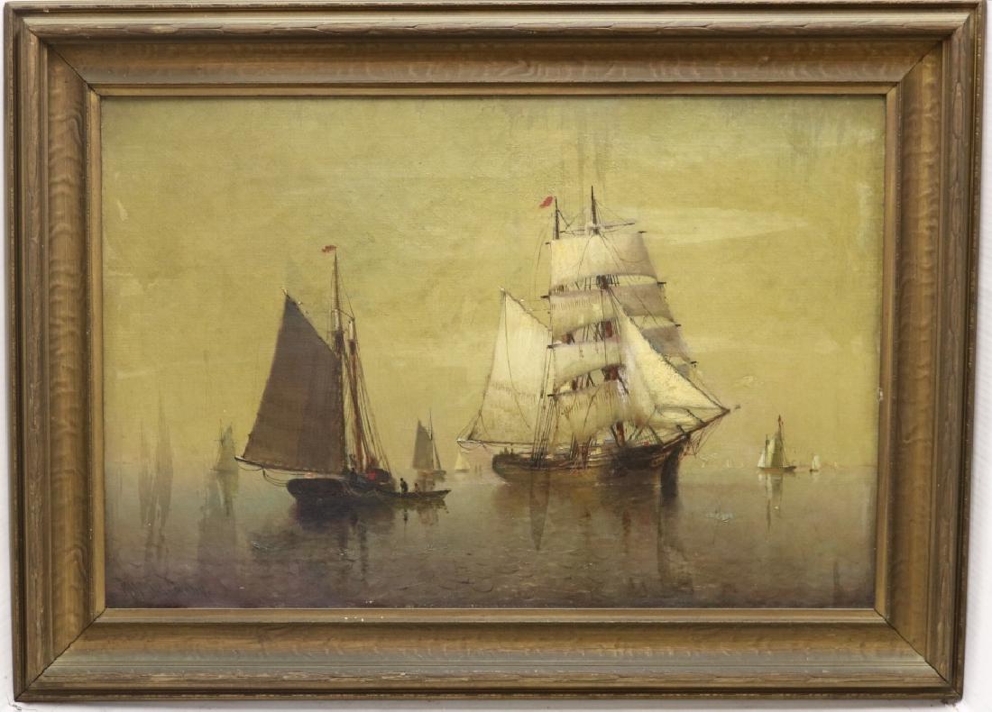 MARSHALL JOHNSON JR. (1850-1921, BOSTON, MA),: OIL PAINTING ON CANVAS, HARBOR SCENE WITH SAILBOATS ON A CALM DAY, SIGNED LOWER LEFT. SIGHT SIZE 20 1/4" X 30". IN ORIGINAL CARVED WOODEN FRAME. PAINTING NEEDS CLEANING.