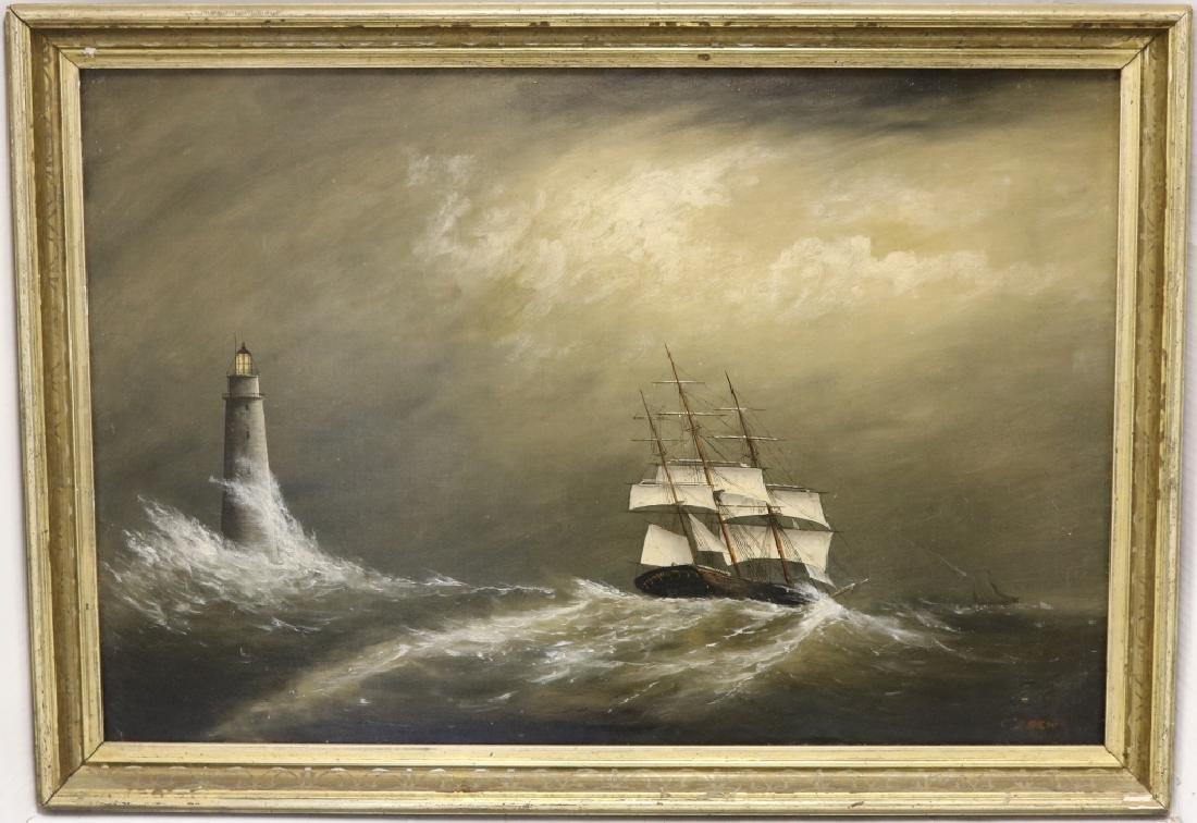 CLEMENT DREW (1806-1889, KINGSTON, MA) OIL: PAINTING ON CANVAS, SIGNED LOWER RIGHT, SIGNED AND TITLED ON BACK "SHIP OFF MINOT LIGHT, 1884", SIGHT SIZE 20" X 30", ORIGINAL CARVED AND GILDED FRAME. SHOWS SEVERAL OLD REPAIRS WITH SOME INPAINTING I