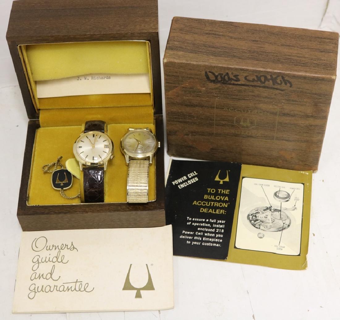 TWO 14KT GOLD MEN'S WATCHES TO INCLUDE A 17 JEWEL: INTERNATIONAL WATCH CO. AND A BULOVA ACCUTRON IN ORIGINAL BOX. NEVER USED.