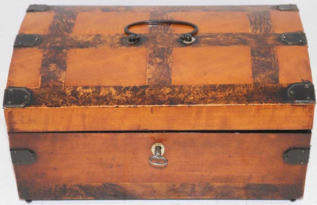 LATE 19TH C FRENCH MUSICAL NECESSAIRE, WORKS: BUT NEEDS CLEANING. WITH MOTHER-OF-PEARL SEWING ACCOUTREMENTS. 5" HIGH, 9 3/4" WIDE, 6" DEEP.