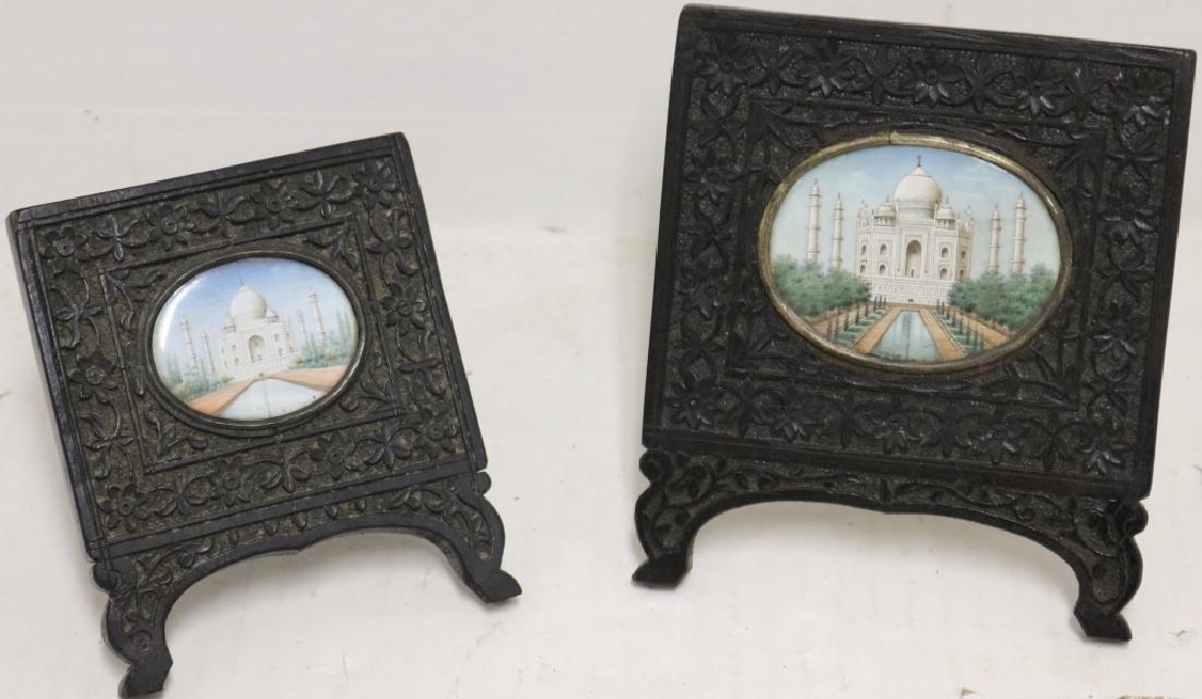 TWO LATE 19TH C MINIATURE PAINTINGS OF TAJ MAHAL: IN CARVED EBONY FRAMES. 4 1/4" X 3 3/4" AND 5 1/4" X 4 1/2".