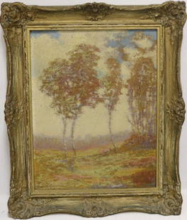 LOUIS H. RICHARDSON (1853-1923, NEW BEDFORD,: SOUTH DARTMOUTH ARTIST), OIL PAINTING ON BOARD, FALL LANDSCAPE WITH STYLIZED TREES, SIGNED LOWER LEFT AND ON VERSO. SIGHT SIZE 14" X 11". OVERALL SIZE 18" X 14 1/2". IN PERIOD GILDED FRAME.