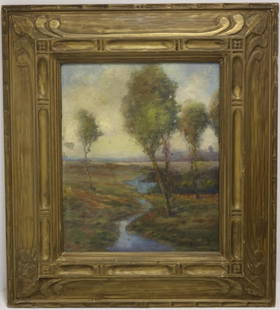 LOUIS H. RICHARDSON (1853-1923, NEW BEDFORD: AND SOUTH DARTMOUTH ARTIST), OIL PAINTING ON BOARD, RIVER LANDSCAPE WITH TREES, SIGNED LOWER RIGHT AND DATED 1916. IN ORIGINAL CARVED AND GILDED FRAME. SHOWS SOME FLAKING TO LEFT SIDE. SIGHT SIZE