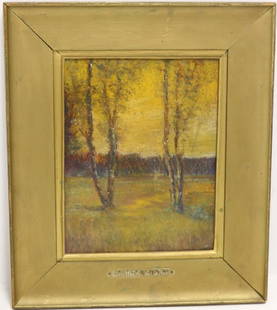 LOUIS H. RICHARDSON (1853-1923), OIL PAINTING ON: PANEL, ENTITLED GOLDEN SUNSET. IDENTIFIED BY A PLAQUE ON FRONT AND HAS AN EXHIBITION LABEL FROM THE RICHARDSON EXHIBITION AT THE WHALING MUSEUM AND IS SIGNED FAINTLY ON VERSO. SIGHT SIZE 9" X 7". 