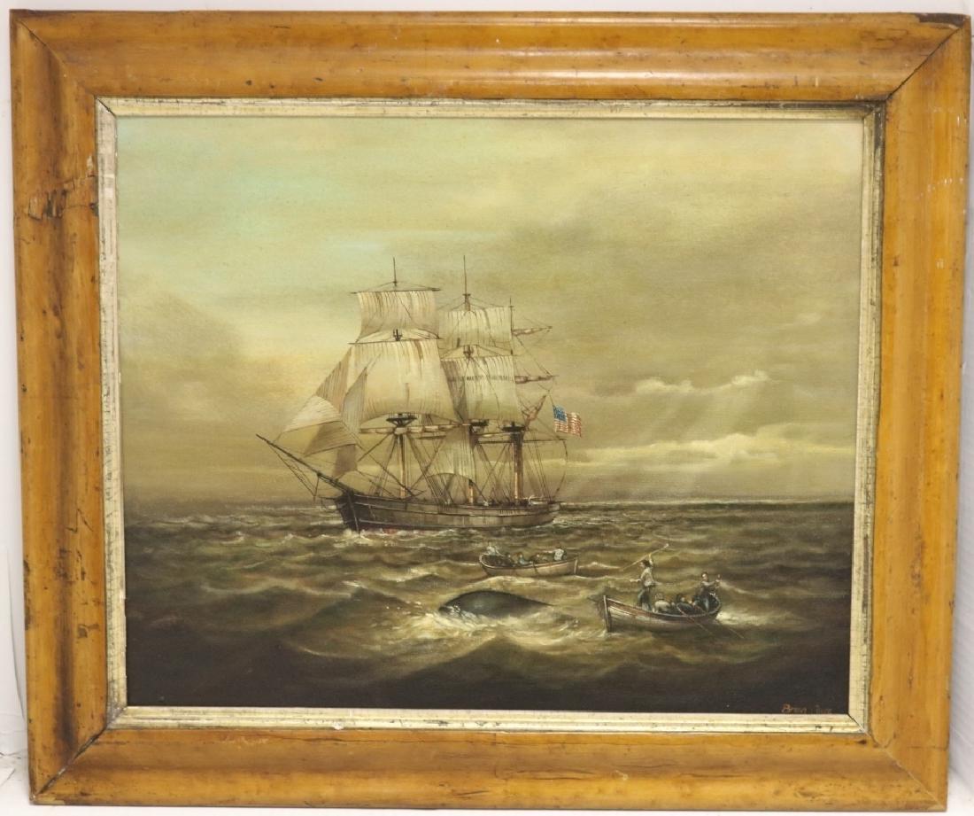 BRIAN COOLE (UK ARTIST, BORN 1936), OIL PAINTING: DEPICTS AN AMERICAN WHALESHIP CONDUCTING A WHALE HUNT. SIGHT SIZE 16 1/2" X 20 1/2". OVERALL 22 1/2" X 26 1/2". IN AN ANTIQUE WALNUT FRAME.