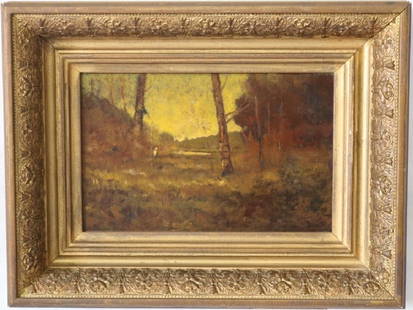 LOUIS H. RICHARDSON (1853-1923, SO. DARTMOUTH: ARTIST), OIL PAINTING, LANDSCAPE WITH FIGURE, POSSIBLY NONQUITT. SIGHT SIZE 7" X 11". OVERALL 13" X 17". SIGNED LOWER RIGHT AND ON VERSO, DATED 1906. IN PERIOD GILT GESSO FRAME. PAINTING HAS BEEN PROF