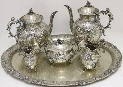 LATE 19TH C 6 PIECE 800 SILVER TEA SET, SIGNED (1 of 3)