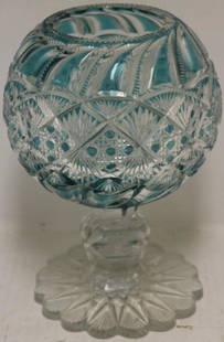 19TH C GLASS GREEN OVERLAY ROSE BOWL, 10" HIGH,: 6 1/2" DIAMETER. HAS CHIP ON UNDERSIDE RIM. PROVENANCE: FROM THE BRYDEN ESTATE.