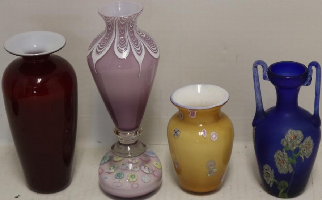 4 PIECES OF ART GLASS, PROBABLY PAIRPOINT, TO: INCLUDE A 6 3/4" HIGH CASED FLAMBE VASE, A 8" VASE WITH CASED LOOP DESIGN TOP AND A MILLEFIORI PAPERWEIGHT BASE, A 4 1/4" CASED GLASS VASE WITH MILLEFIORI DECORATION. AND A 6" BLUE HANDLED BASE WITH M