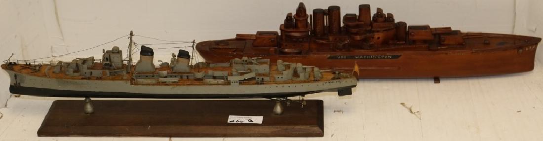2 WOODEN SHIP MODELS TO INCLUDE THE SPANISH: HEAVY CRUISER "MENDEZ NUNEZ" CA 1939, EXHIBITED 1995-2007 AT THE INTREPID SEA AIR SPACE MUSEUM. VERY WELL DETAILED, ON A CUSTOM WOODEN BASE. 18" LONG, 5 1/2" HIGH. SHE WAS USED IN WWI AS A CRUISER AND