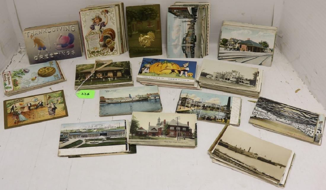 300 PLUS POSTCARDS, EARLY 20TH C FEATURING:: BOSTON, REVERE BEACH, HAVERHILL FLOODS, NANTASKET, PLYMOUTH, NEW BEDFORD, FAIRHAVEN, PROVIDENCE, NARRAGANSETT, BLOCK ISLAND, CRESCENT PARK, WATCH HILL, WARREN RI, ALTON BAY NH HAMPTON BEACH NH, AND NA