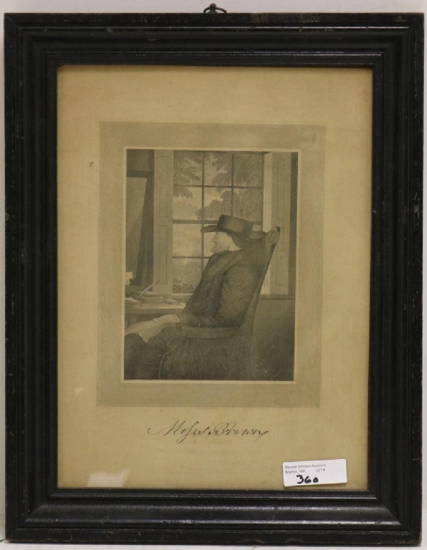 STEEL ENGRAVING BY THOMAS POLLACK AFTER WILLIAM J: HARRIS, PRINTED BY HENRY A. HIDDEN & CO., PROVIDENCE, RI, 1839. DEPICTING MOSES BROWN AT IS DESK. SIGHT SIZE 12" X 8 1/8". OVERALL 14 1/2" X 11 1/2".