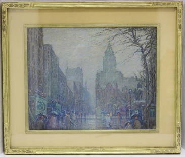 FREDERICK USHER DEVOLL (1873-1941, RI), OIL: PAINTING UNDER GLASS, TITLED "SHOWERY DAY, FIFTH AVE AT PLAZA", CT ACADEMY OF FINE ARTS LABEL AND PRICE TAG ON VERSO. SIGHT SIZE 16" X 20", OVERALL 23 1/2" X 27 1/2". IN ORIGINAL CARVED AND GILDED