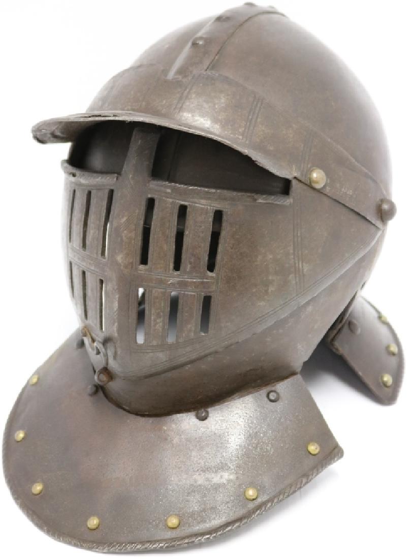 17TH C GERMAN STYLE HELMET, SHOWS REPAIRS TO: VISOR AND GORGET, 14" HIGH X 9 1/2" WIDE X 12" DEEP.