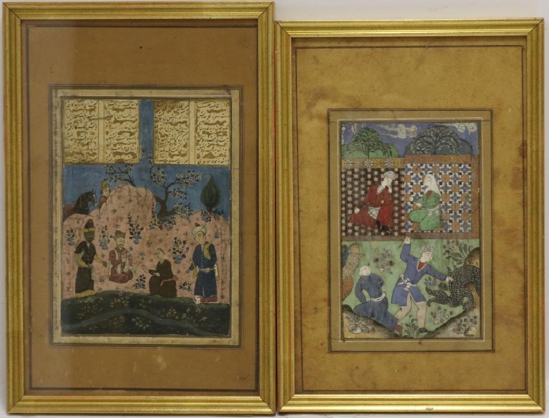 2 PERSIAN WATERCOLORS, ILLUMINATED MANUSCRIPTS,: POSSIBLY 18TH C OR EARLIER. ONE HAS 5 FIGURES AND A HORSE. SIGHT SIZE 8" X 5 1/2", OVERALL 13" X 8 1/2". THE OTHER HAS 4 FIGURES WITH A DRAGON. SIGHT SIZE 7" X 4 1/2", OVERALL 12 1/2" X 8". PROVENANCE