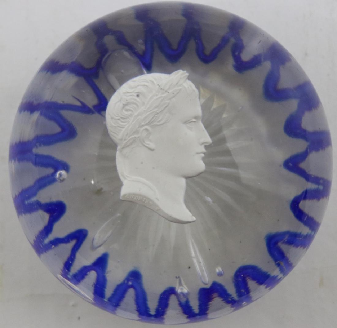 POSSIBLY BACCARAT, SULPHIDE PAPERWEIGHT BUST: WITH BLUE TORSADE, SIGNED ANDRIEU, 3 1/2" DIAMETER.