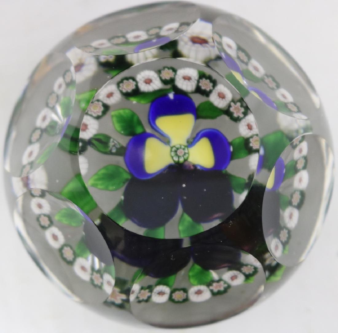 BACCARAT PANSY WITH GARLAND PAPERWEIGHT,: FACET CUT, DEEP BLUE AND YELLOW, , 3" DIAMETER, GOOD CONDITION.