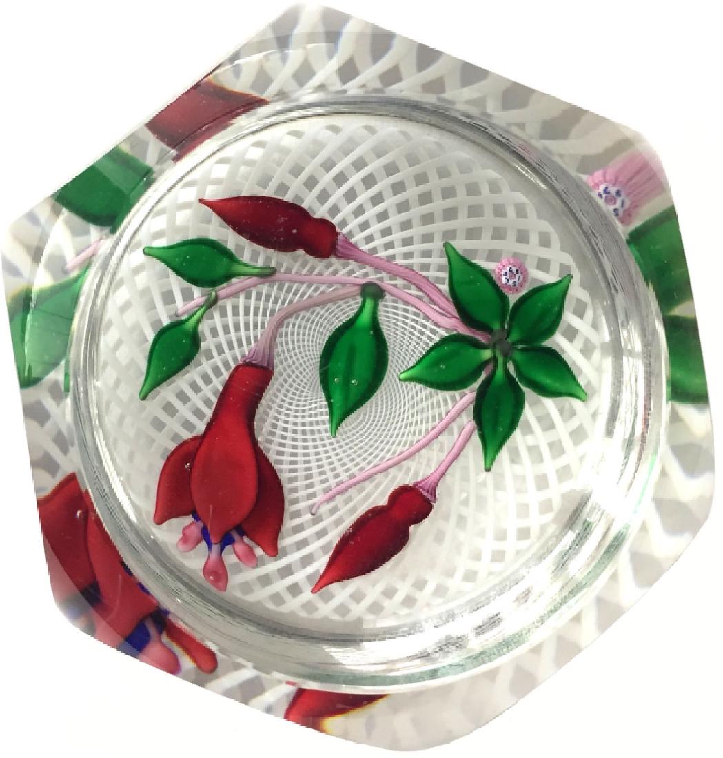 SAINT LOUIS FUCHSIA ON LATTICINO GROUND, SIGNED,: CONTEMPORARY, 3 1/8" DIAMETER, FACETED. GOOD CONDITION.